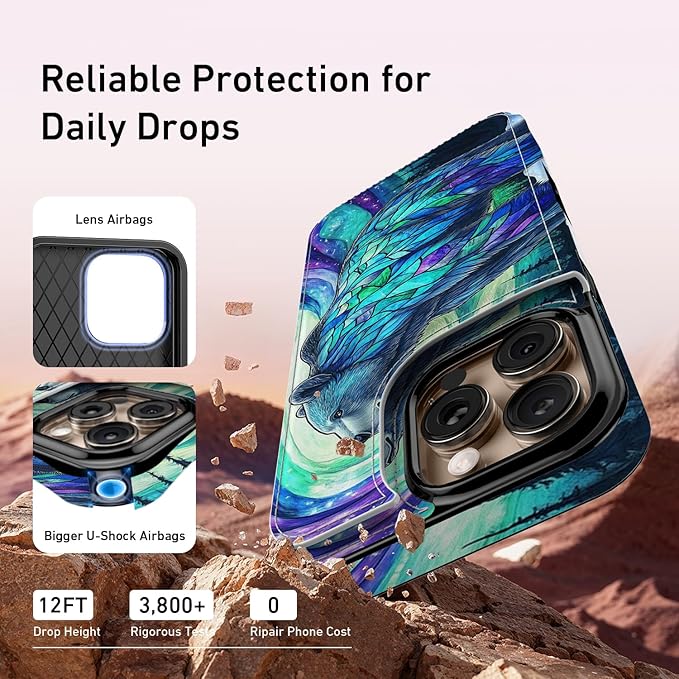 FUNMIKO for iPhone 16 Pro Max Wallet Case with Card Holder, RFID-Blocking, Military-Grade Protection & UV-Printed Artwork, Magnetic Closure with Leather Kickstand - Prismatic Aurora Bear