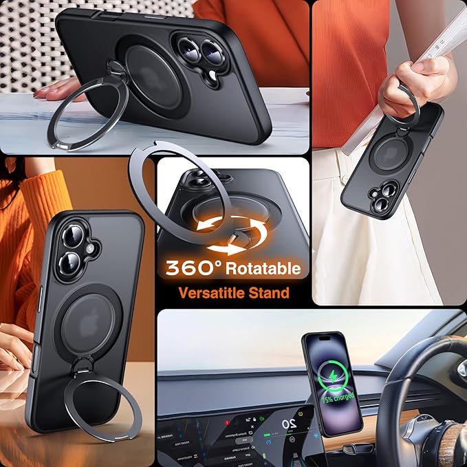 360° O-Ring MagStander for iPhone 16 Case with Magnetic Kickstand Ring Holder [Compatible with MagSafe][360°Rotate Stand Ring][Military Shockproof] Magnet iPhone 16 Phone Cover Matte Black