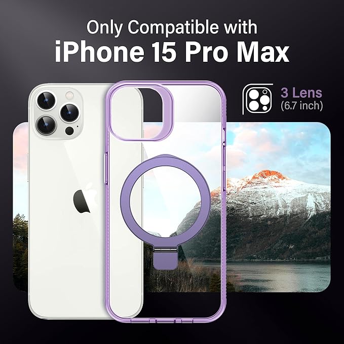 Magnetic Case for iPhone 15 Pro Max - [Built-in Invisible Stand] [Compatible with MagSafe] [Military Grade Drop Protection] Anti-Yellowing Hard Back Silicone Edge Cover, 6.7", Clear Purple
