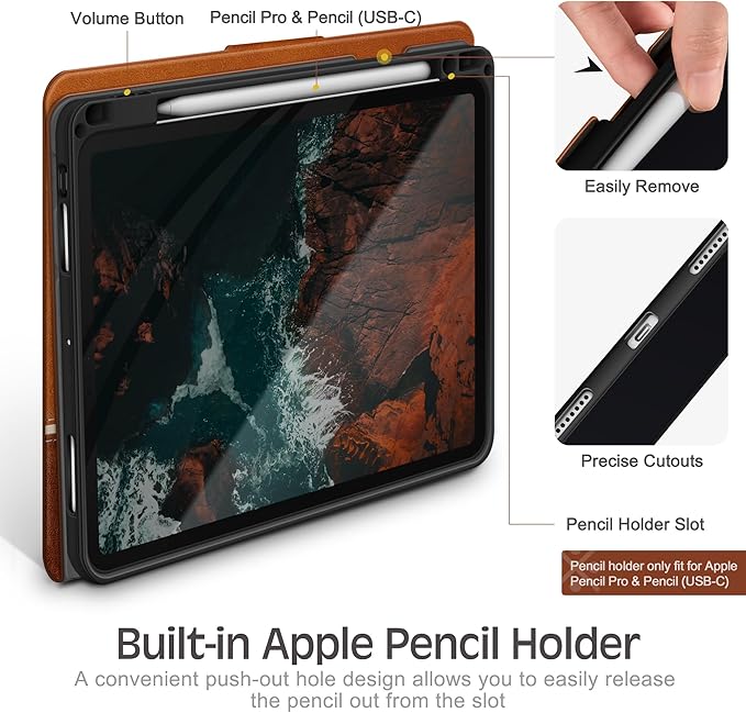 KingBlanc Case for iPad Pro 11 inch (M4) 2024 with Pencil Holder, Vegan Leather Smart Stand Cover, Auto Sleep Wake, Support Pencil Pro/(USB-C), Angles for Viewing/Writing, Durable Protection, Brown
