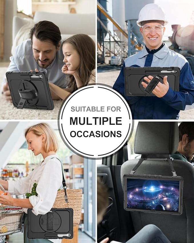 Case for Samsung Galaxy Tab S10 FE Plus 5G Tablet 13.1'', Shockproof Protective Cover with Tempered Glass Screen Protector, Rotatable Kickstand, S Pen Holder, Hand/Shoulder Strap, Black