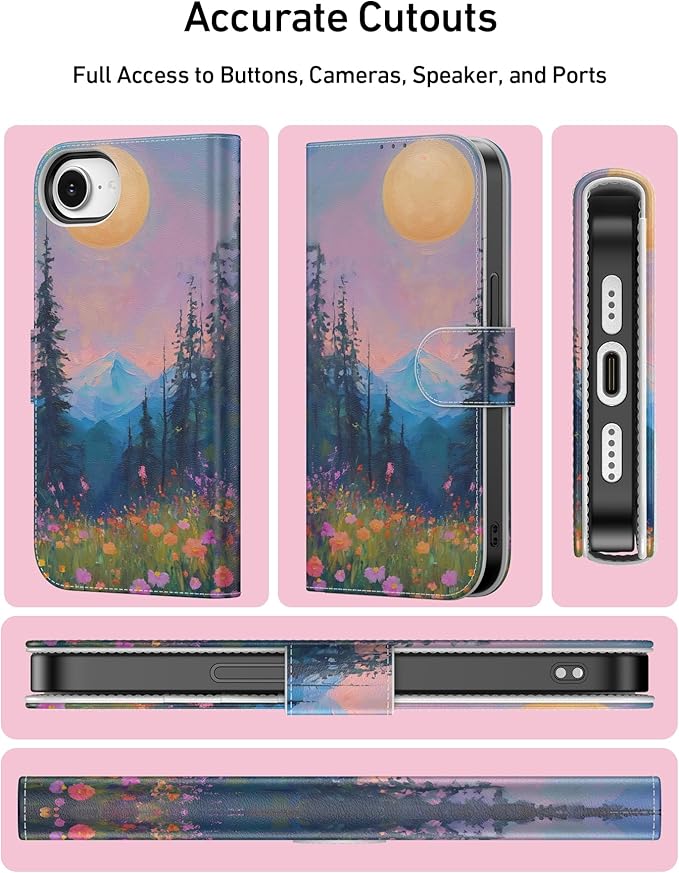 DEENAKIN for iPhone 16e Wallet Case with Card Holder + Cash Clip, RFID-Blocking, Military-Grade Drop Protection, Magnetic Closure with Leather Kickstand - Mountain Blossom Glow