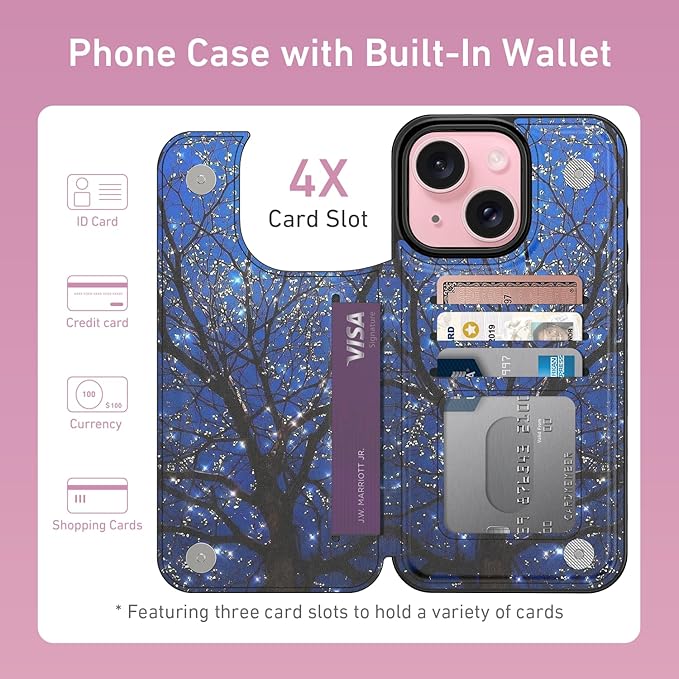FUNMIKO for iPhone 15 Plus Wallet Case with Card Holder, RFID-Blocking, Military-Grade Protection & UV-Printed Artwork, Magnetic Closure with Leather Kickstand - Dreamy Wishing Tree