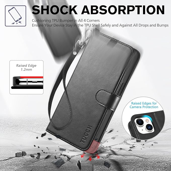 TUCCH Case Wallet for iPhone 14 6.1-inch, [Wrist Strap] RFID Blocking 4 Card Slot Stand [Shockproof TPU Shell], PU Leather Magnetic Flip Cover Compatible with iPhone 14 2022, Black with Wristlet