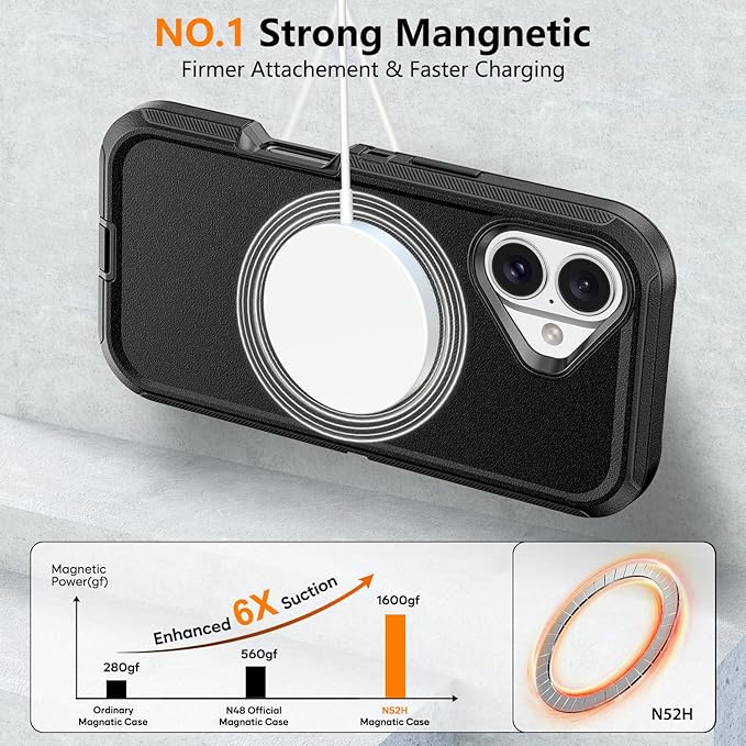for iPhone 16 Plus Case with Belt Clip Holster, Anti-Shock, Anti-Slip, Compatible with MagSafe, 3-Layer Drop Protection, Heavy Duty Magnetic Phone Case Cover for 16 Plus, 6.7" Black