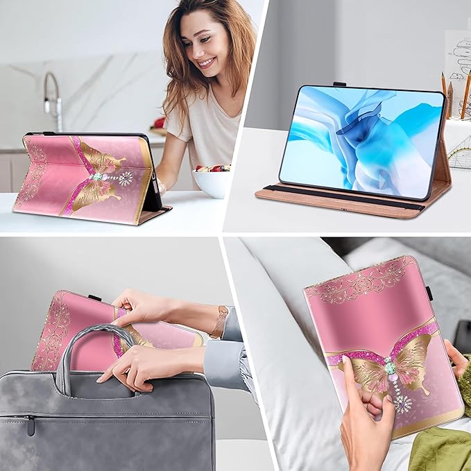 Case for Lenovo Idea Tab Pro 12.7 inch 2025 Tablet, Multi-Angle Viewing Premium PU Leather Stand Case with Elastic Strap & Card Slots/Holder for Lenovo Idea Tab Pro 12.7" - Pink Butterfly