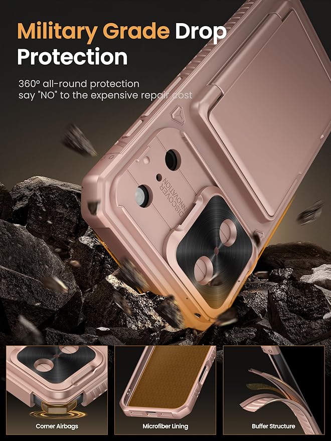 Vihibii for iPhone 17 Pro Max Case Wallet with Card Holder (4 Cards) [RFID Blocking] & Slide Camera Cover, Military Grade Drop Protection, Rugged Back & Silicone Edge Phone Case 6.9" 2025, Rose Gold