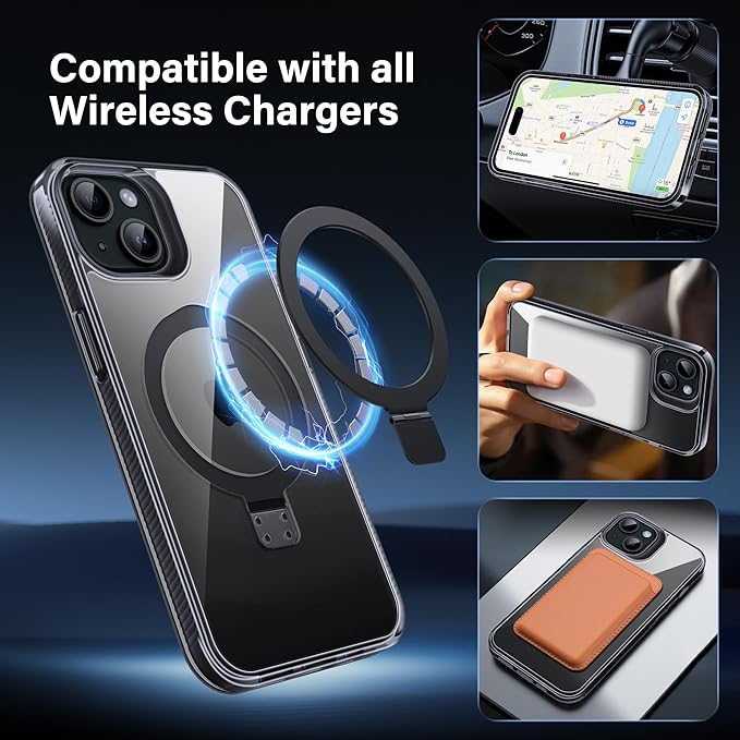 Magnetic Case for iPhone 15 Plus - [Built-in Invisible Stand] [Compatible with MagSafe] [Military Grade Drop Protection] Anti-Yellowing Hard Back Silicone Edge Cover, 6.7", Clear Black