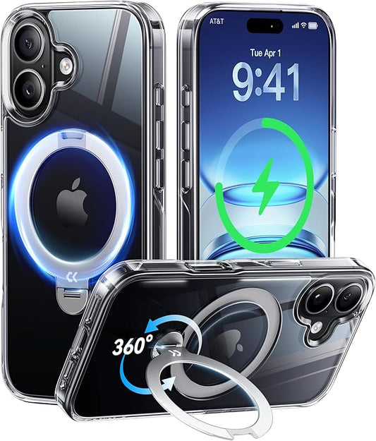 CASEKOO White Clear Designed for iPhone 17 Case with 360 Spin Magnetic Stand [Fit for MagSafe][17FT Military Protection] Slim Polished for iPhone 17 Case with Stand 6.3'', White Clear