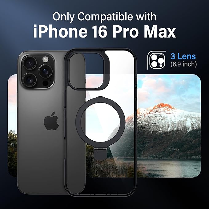 Magnetic Case for iPhone 16 Pro Max - [Built-in Invisible Stand] [Compatible with MagSafe] [Military Grade Drop Protection] Anti-Yellowing Hard Back Silicone Edge Cover, 6.9", Clear Black