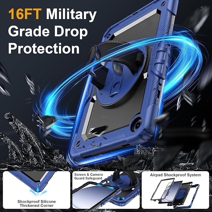 Case for Samsung Galaxy Tab A9+/A9 Plus 11 Inch 2023(SM-X210/X216/X218), Ubearkk Full-Body Drop Protection Case with Screen Protector, 360° Rotating Stand and Hand/Shoulder Strap, Navy Blue