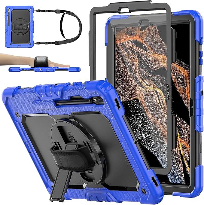 Case for Samsung Galaxy Tab S8 Plus 2022/S7 FE/S7 Plus 5G 12.4-inch Tablet Case Protective [with Screen Protector], Rotatable Kickstand, S Pen Holder, Hand/Shoulder Strap (Blue)