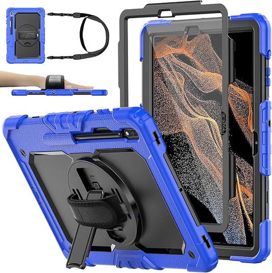 Case for Samsung Galaxy Tab S8 Plus 2022/S7 FE/S7 Plus 5G 12.4-inch Tablet Case Protective [with Screen Protector], Rotatable Kickstand, S Pen Holder, Hand/Shoulder Strap (Blue)