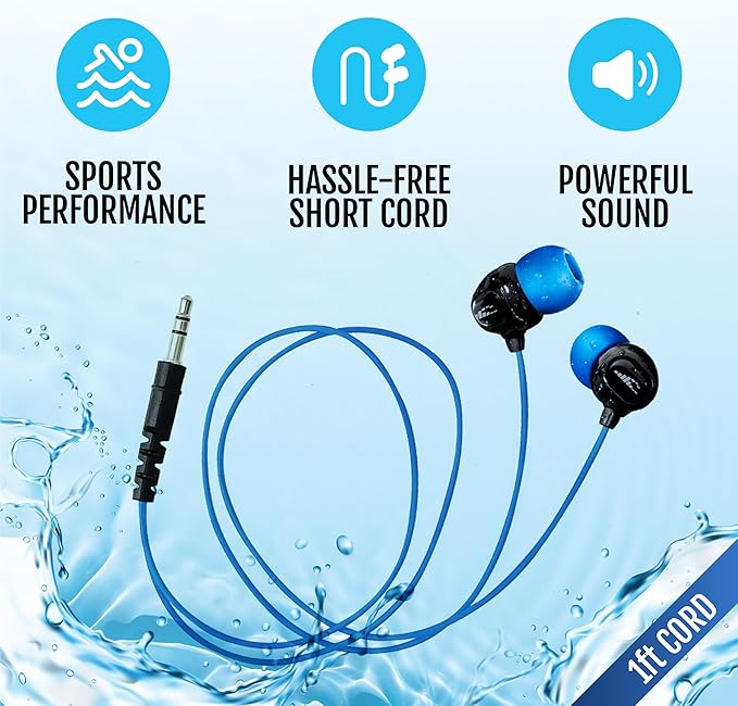H2O Audio Surge S+ Waterproof Sport Headphones, (Short Cord Design) – In-Ear Sweatproof, Noise Cancelling Earbuds for Swimming, Running, Cycling – IPX8 Waterproof, Compatible with iPods & MP3 Players