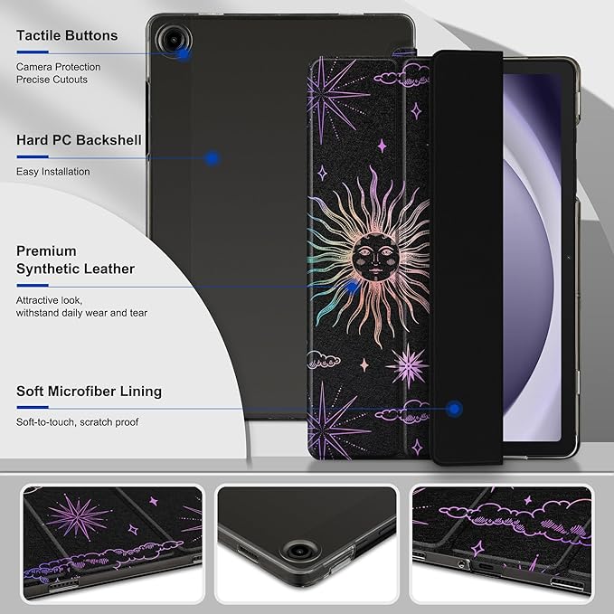 DONGKE Case for Samsung Galaxy Tab A9+/A9 Plus 11 inch 2024 2023 (SM-X210/X216/X218), Slim Stand Hard PC Translucent Back Shell Smart Cover, Auto Wake/Sleep - Moon & Stars