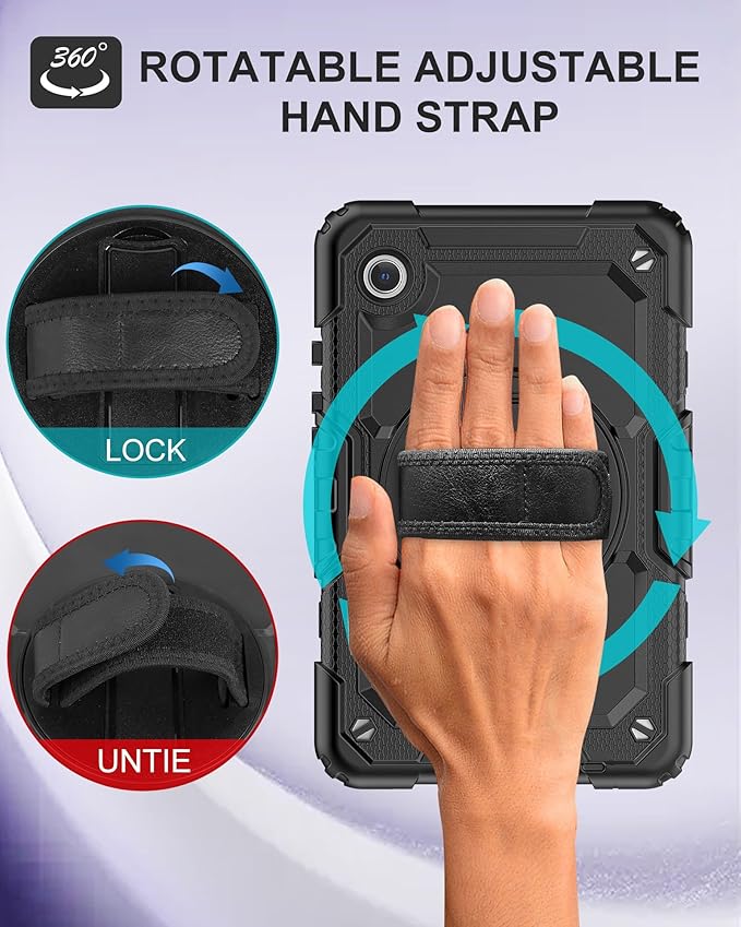 Case for Samsung Galaxy Tab A9 Tablet Case 8.7 inch 2023 [with Tempered Glass Screen Protector], Rotatable Kickstand, S Pen Holder, Hand/Shoulder Strap (Black)