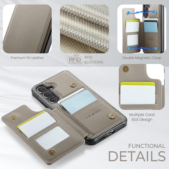Vinich for Samsung Galaxy S24 FE Wallet Case with Card Holder, RFID Blocking Credit Slots Kickstand Shockproof Phone Cover for Women Men, Gray