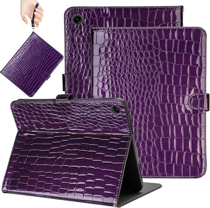 Elegant Case for Samsung Galaxy Tab A9 Plus 11 Inch 2023（Model: SM-X210/X216/X218）, Premium Leather Crocodile Cover | Stand | Card Pockets| Wrist Strap| S Pen Holder (Dark Purple)