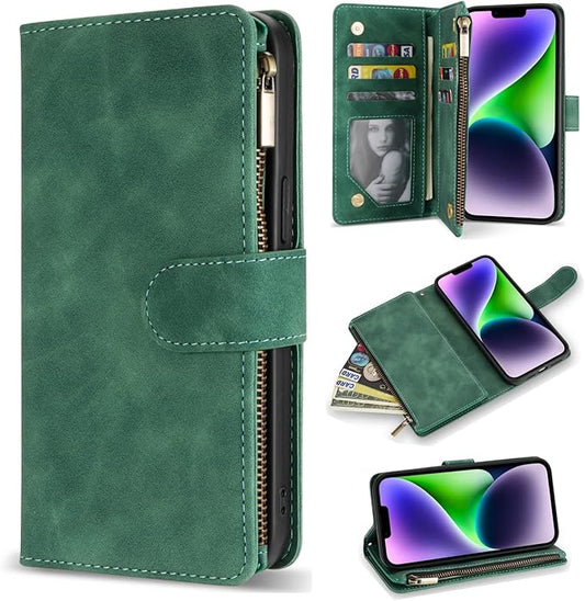 ZZXX for iPhone 14 Plus Case Wallet with [RFID Blocking] Card Slot Premium Soft PU Leather Zipper Flip Folio with Wrist Strap Kickstand Protective Cover for iPhone 14 Plus Wallet Case(Green-6.7 inch)