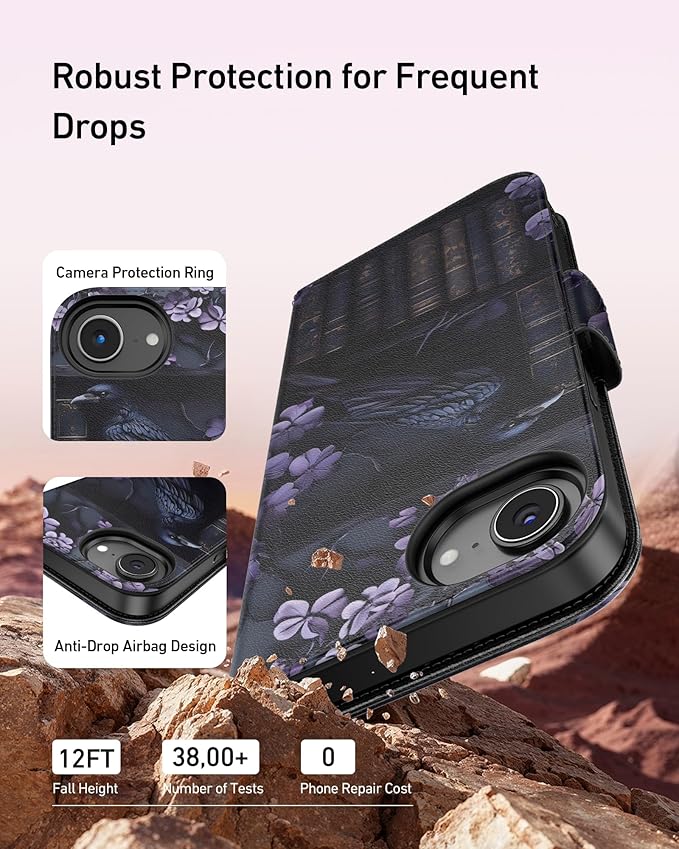 DEENAKIN for iPhone 16e Wallet Case with Card Holder + Cash Clip, RFID-Blocking, Military-Grade Drop Protection, Magnetic Closure with Leather Kickstand - Purple Floral & Raven