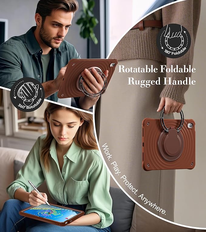 BRAECN Ripple Case for iPad (A16)11th/10th Generation 11/10.9 inch 2025/2022 Zinc Alloy Handle Ring Stand Protective Heavy Duty Screen Protector 360°Rotating 180°Folding Shoulder Strap Full-Body Cover