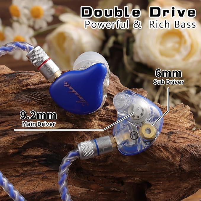 in Ear Monitor Headphones Dual Driver IEMs for Gaming, HiFi Wired Earbuds with 9.2mm+6mm Drivers, Detachable MMCX 4N Silver Cable, Noise-Isolating Ear Tips (Blue)