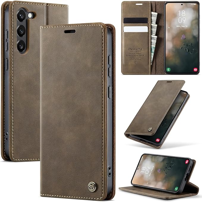 Wallet Case for Samsung Galaxy S23 Plus Leather Wallet Flip Cover with Card Holder, Kickstand, Magnetic Closure, RFID Blocking TPU Shockproof Phone Case Compatible with S23 Plus, Coffee