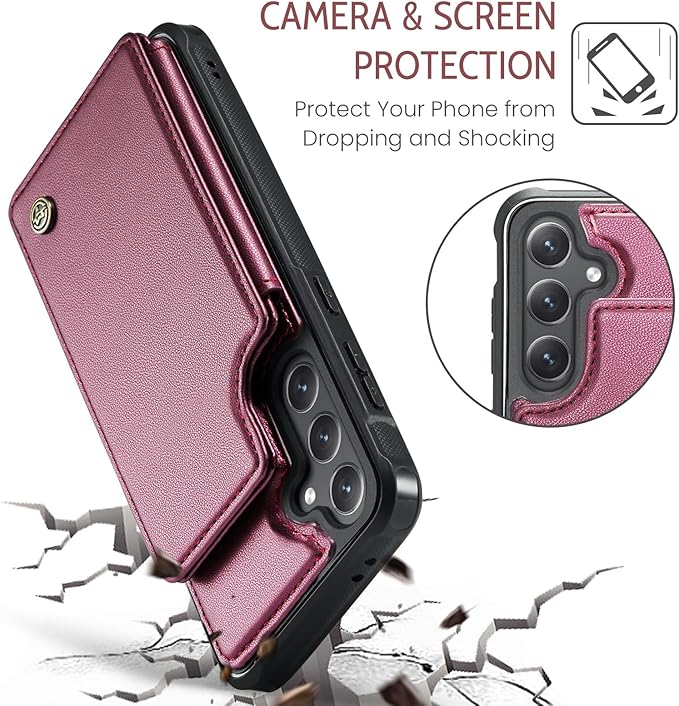 Vinich for Samsung Galaxy S24 FE Wallet Case with Card Holder, RFID Blocking Credit Slots Kickstand Shockproof Phone Cover for Women Men, Wine Red