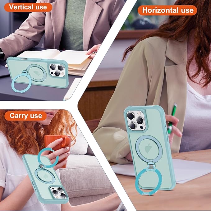 Compatible with iPhone 16 Pro Max Case with Invisible Magnetic 360°Spin Stand,Military-Grade Shockproof Protection [Compatible with Mag-Safe] Non-Slip Edge Translucent Case (6.9",Blue)