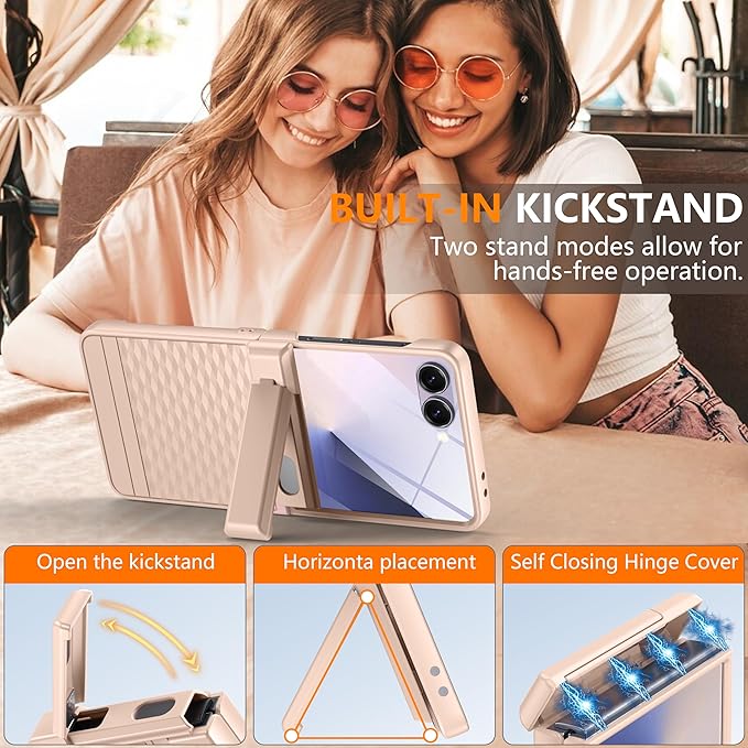 Magnetic for Samsung Galaxy Z Flip 7 Case [Hinge Protection＆Kickstand][Compatible with MagSafe][Built-in Screen Protector] Full-Body Military Protection Phone Case for Samsung Z Flip 7 Gold