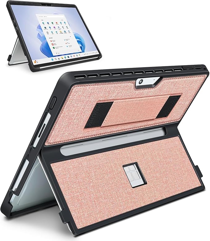 Case fit Microsoft Surface Pro 11/10 /9/8 13-Inch, with Stent Cover, Hand Strap, All-in-one Rugged Case Compatible with Type Cover Keyboards,Coupled Pink