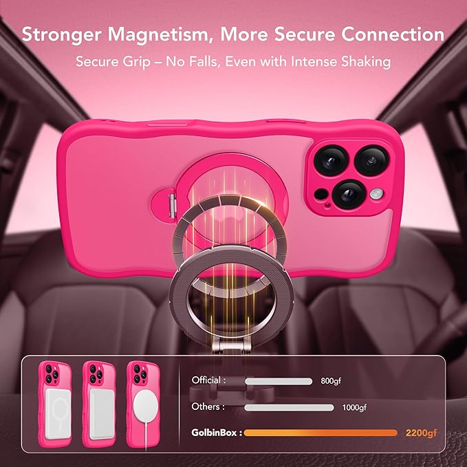 GolbinBox for iPhone 16 Pro Max Case for Women,[Compatible with Magsafe][360° Spin Magnetic Stand][Cute Wave Edge][Military-Grade Protection]Translucent Matte Phone Case for iPhone 16 ProMax, Hot Pink