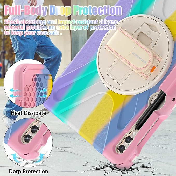 BRAECNstock Kids Case for Samsung Galaxy Tab S10+ Plus/ S9 FE+ Plus/ S9+ Plus/ S8+ Plus/ S7 FE/ S7+ Plus 5G 12.4" Shockproof Protective Cover with Pen Holder Rotating Stand&Hand Strap - Colorful Pink