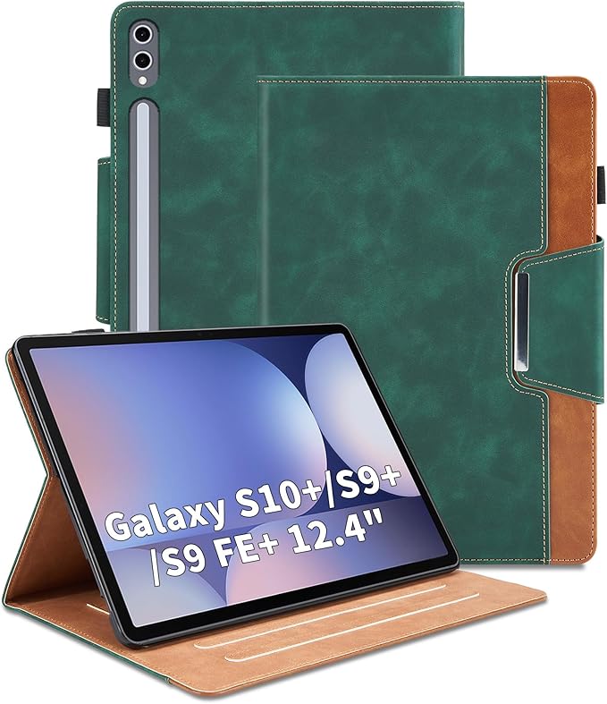 Case for Samsung Galaxy Tab S10 Plus/S9 FE Plus/S9 Plus 12.4 Inch - Multi-Angle Viewing Stand Cover with Pocket, PU Leather Folio Case with Magnetic Clasp, Auto Wake/Sleep Smart Tablet Cover, Green