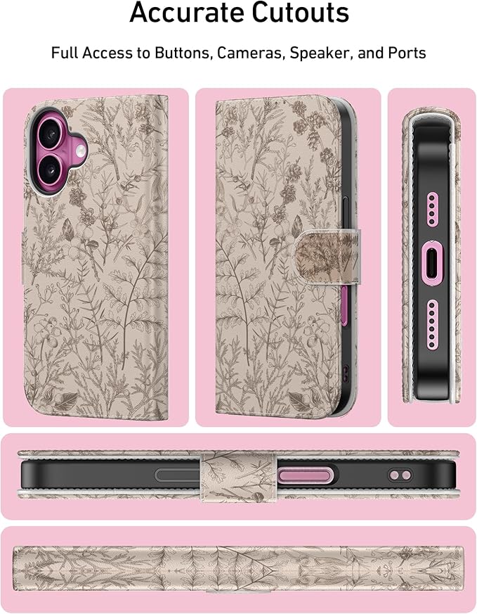 DEENAKIN for iPhone 16 Wallet Case with Card Holder + Cash Clip, RFID-Blocking, Military-Grade Drop Protection, Magnetic Closure with Leather Kickstand - Serene Foliage