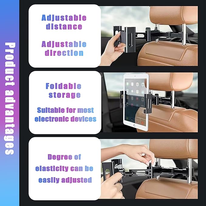 Car Tablet Holder for Backseat, for ipad Headrest Mount, Car Mount for Back Seat with 360°Rotating, [3 in 1 Extension Arm] 5.3-10.6", Fit Larger Tablet (If Short Side ≤10.6") - Black