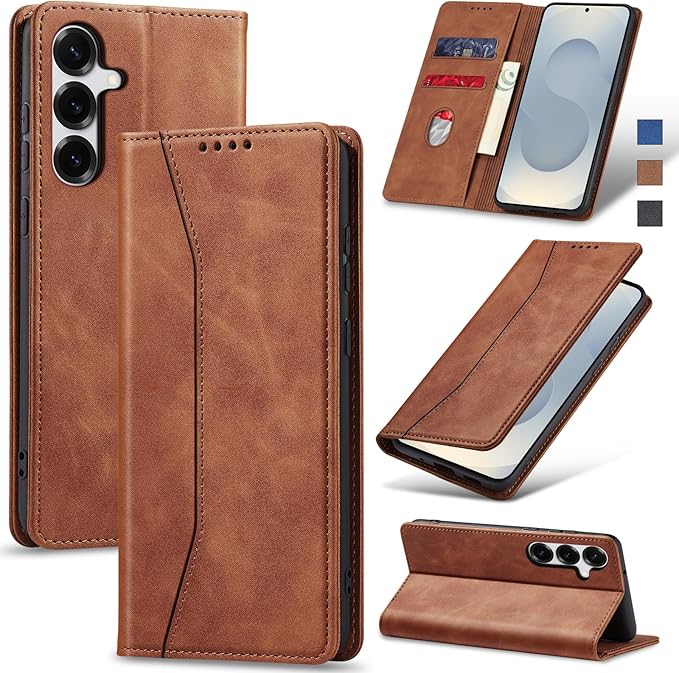 Jasonyu Flip Wallet Case for Samsung Galaxy S25 Plus/S25+,Leather Magnetic Folio Cover with Card Holder,Kickstand - TPU Shockproof Durable Protective Phone Case,Brown