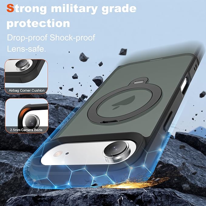 Compatible with iPhone 17 Air Case with Invisible Magnetic 360°Spin Stand,Military-Grade Shockproof Protection [Compatible with Mag-Safe] Non-Slip Edge Translucent Case (6.5",Black)