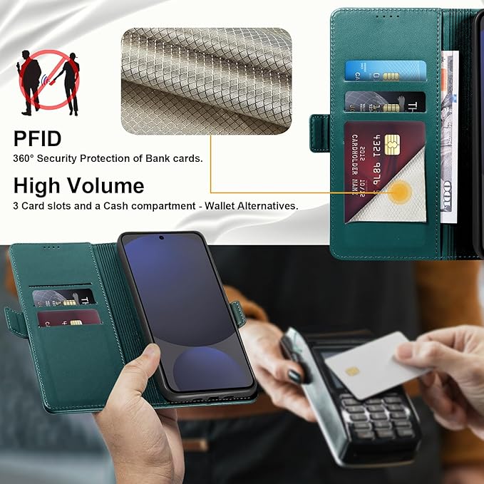 Wallet Flip Case for Samsung Galaxy S24 FE 5G - [RFID Blocking] Luxury PU Leather Card Holder Magnetic Phone Cover with Kickstand,Shockproof Protective Case,Green