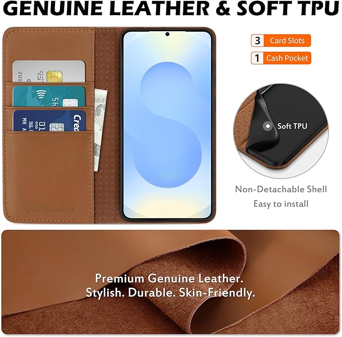 SHIELDON Case for Galaxy S25 Plus 5G, Genuine Leather Wallet Case with Kickstand RFID Blocking Card Holder Magnetic Shock Absorbing Cover Compatible with Galaxy S25+ 6.7" 2025 - Nappa Saddle Brown