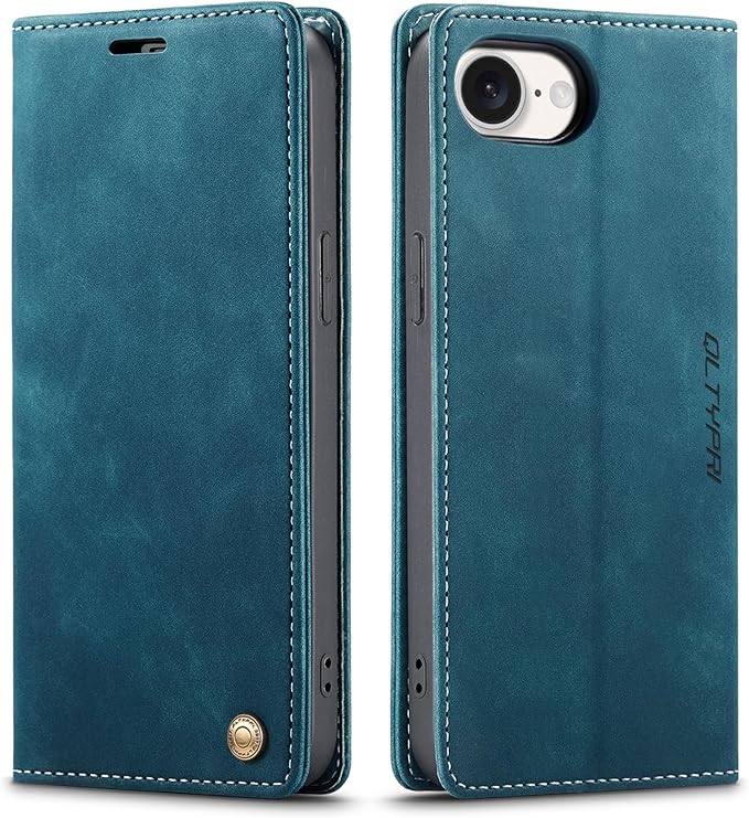 QLTYPRI Case for iPhone 16e, Vintage PU Leather Wallet Case Card Slot Kickstand Magnetic Closure Shockproof Flip Folio Cover for iPhone 16e - Blue