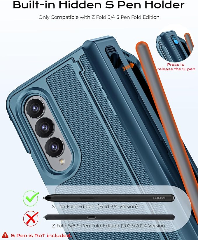 for Galaxy Z Fold 4 Case, S Pen Holder & Privacy Screen Protector & Kickstand & Hinge Protection, Slim Rugged Military-Grade Shockproof Protective Phone Case for Samsung Fold 4 (Lake Blue)