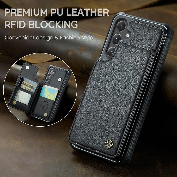 Vinich for Samsung Galaxy S25 Wallet Case with Card Holder, RFID Blocking Credit Slots Kickstand Shockproof Phone Cover for Women Men, Black