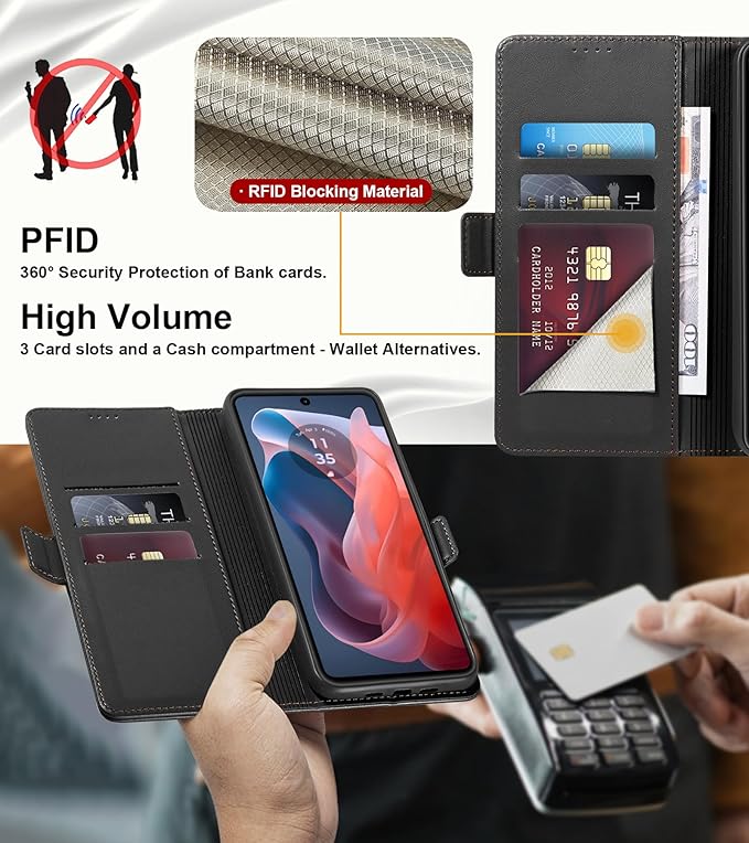 Wallet Flip Case for Moto G Play (2024) - [RFID Blocking] Luxury PU Leather Card Holder Magnetic Phone Cover with Kickstand,Shockproof Protective Case,Black