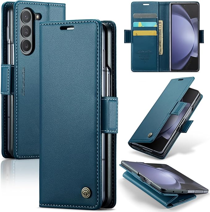 for Samsung Galaxy Z Fold 5 Case, Premium PU Leather Wallet Case Flip Cover with [RFID Blocking][Card Holder][Stand Function] Shockproof Protective for Samsung Galaxy Z Fold 5, Blue