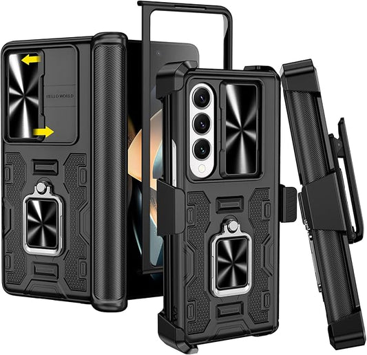 VEGO for Galaxy Z Fold 4 Case with Belt Clip Holster, 360°Ring Magnetic Kickstand & Camera Cover & Front Screen Protector, Hinge Protection Shockproof Armor Cover - Midnight Black