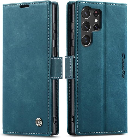 SINIANL for Samsung Galaxy S23 Ultra Leather Case, Vintage Wallet Case Book Folding Flip Case with Kickstand Card Holders Slots Protective Cover for Galaxy S23 Ultra Blue