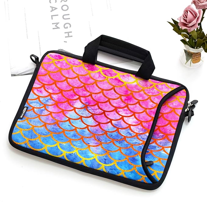 RICHEN 14 15 15.4 15.6 inch Laptop Shoulder Bag Notebook Handle Sleeve Neoprene Soft Carrying Travel Case with Accessories Pocket (14-15.6 inch, Mermaid Scale)