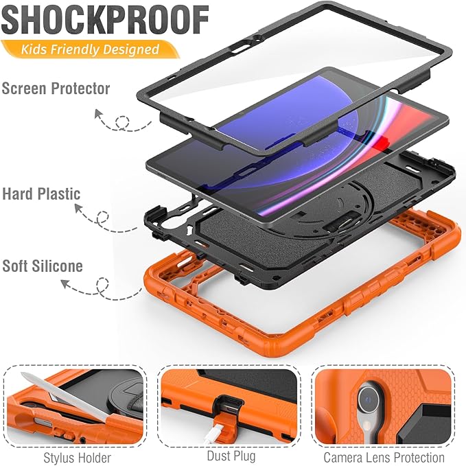 HXCASEAC Case for Samsung Galaxy Tab S10 Lite / S10 FE / S9 FE 5G 10.9 inch, Shockproof Design with Screen Protector/Hand Strap/S Pen Holder, Protective Samsung Galaxy S10 Lite Tablet Case, Orange