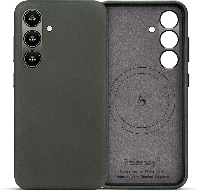 Belemay Leather Case for Samsung Galaxy S24 Compatible with Magsafe - Premium Crazy Horse Leather [Vintage Aesthetics] Unique Patina, Comfort Grip, Metal Buttons, Slim&Soft Cover (6.2") Rustic Green